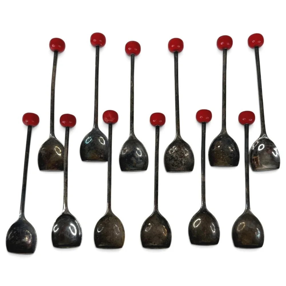Muddler Spoon Set Silverplate EPNS Sheffield England Red Cherry Finial Art Deco